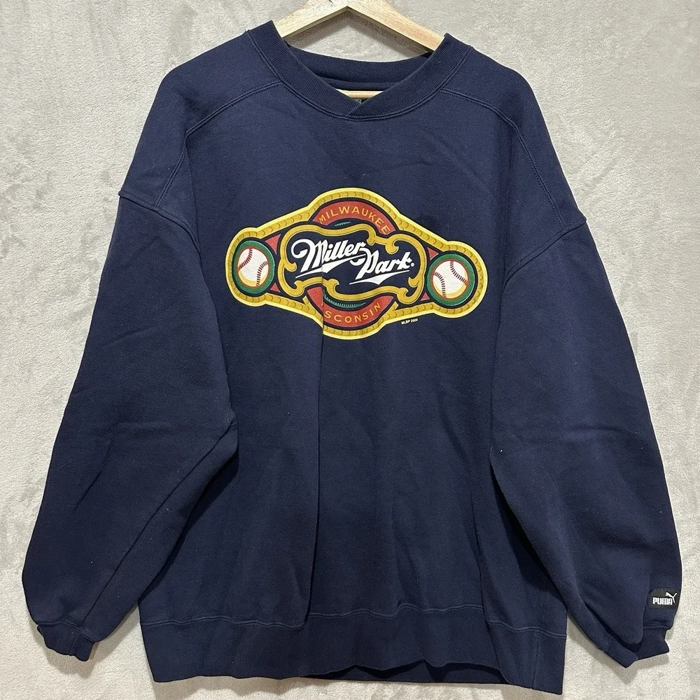 Miller Park Milwaukee VTG Puma‎ Sweatshirt XL Navy Blue Wisconsin Crewneck Logo